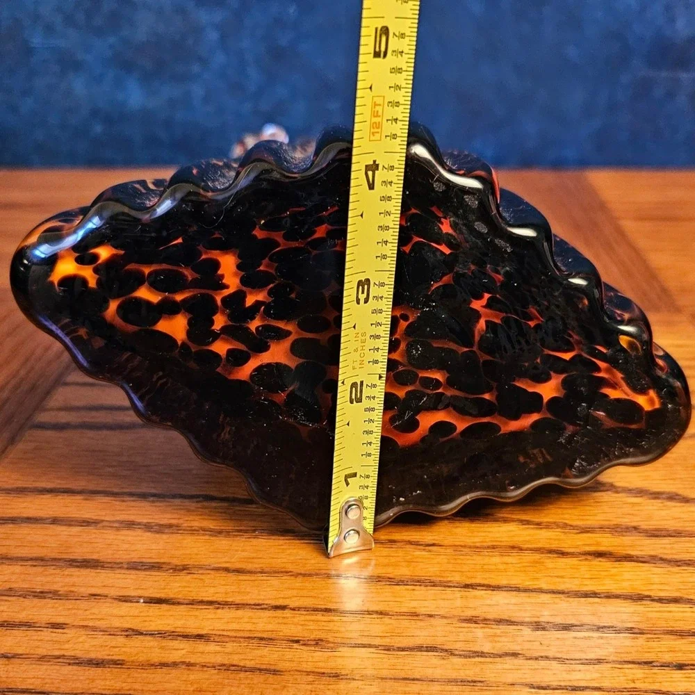 Vintage Art Glass Tortoiseshell Purse Vase Amber Brown Leopard Print Hand Blown